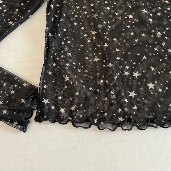 La La Land Black Star Print Sheer Mesh Mock Neck Size Small New - Picture 6 of 8